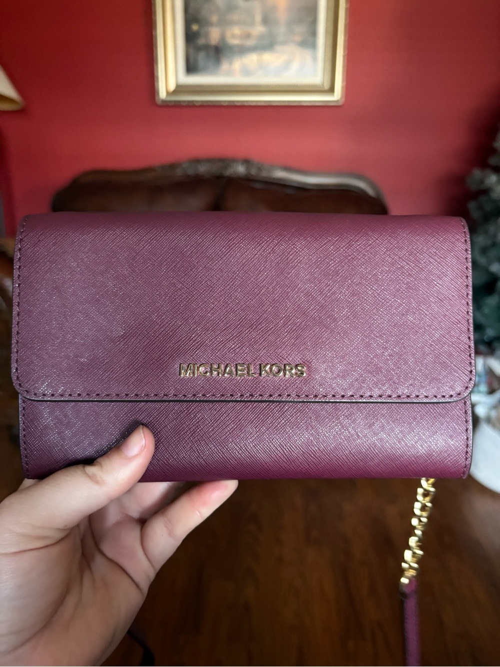 Michael Kors Burgundy Saffiano Leather Crossbody Wallet Purse Gold Chain Strap